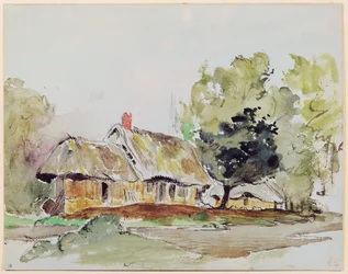 Stuga under stora träd på sommaren, ca 1831 (penna och wc på papper)